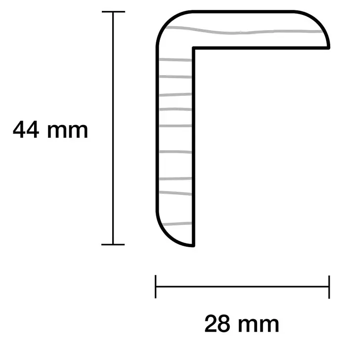 Winkelleiste - 90 cm x 44 mm x 28 mm, Kiefer - Produktabbildung eines L-förmigen Profils mit den Maßen 44 mm Höhe und 28 mm Breite, ideal für diverse Bau- und Renovierungsprojekte.