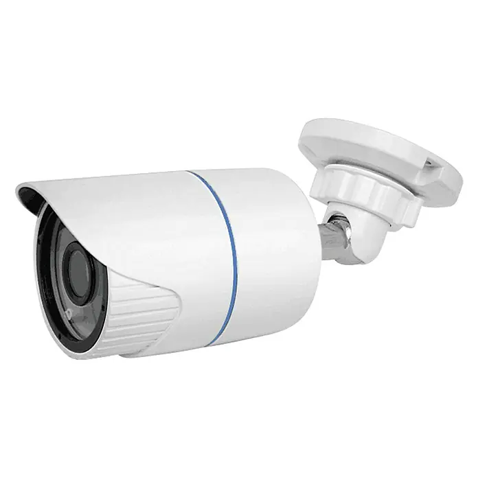 Safe2Home Überwachungskamera-Set POE - Auflösung: 1280 x 1024 Pixel, 4 Stk. - Nahaufnahme einer weißen Überwachungskamera mit blauen Akzenten, die Sicherheit und Überwachungslösungen bietet.