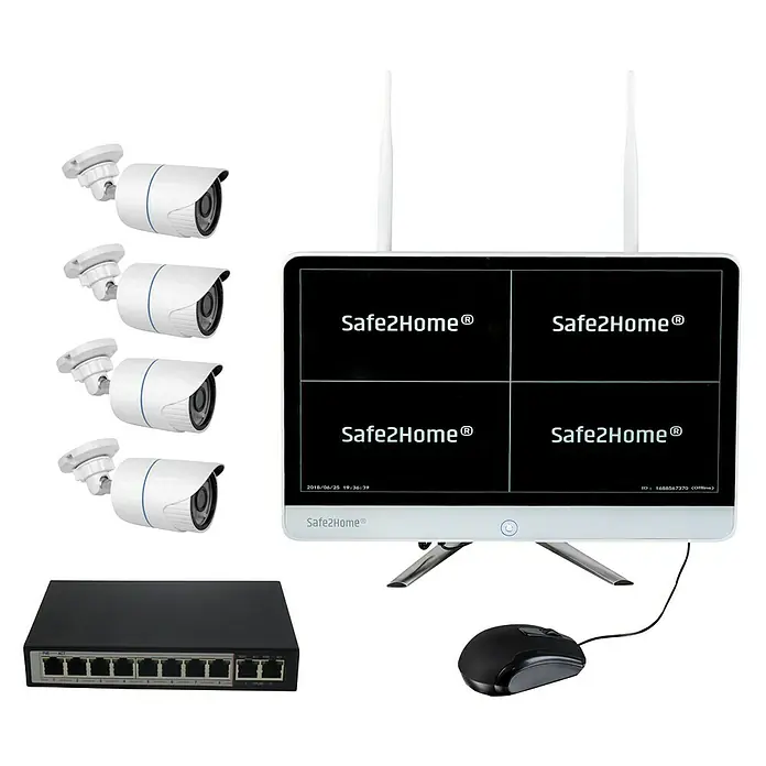 Safe2Home Überwachungskamera-Set POE - Auflösung: 1280 x 1024 Pixel, 4 Stk. - Produktabbildung eines Safe2Home Überwachungssystems mit Kameras, Monitor und Netzwerkswitch für erhöhte Sicherheit im Zuhause.