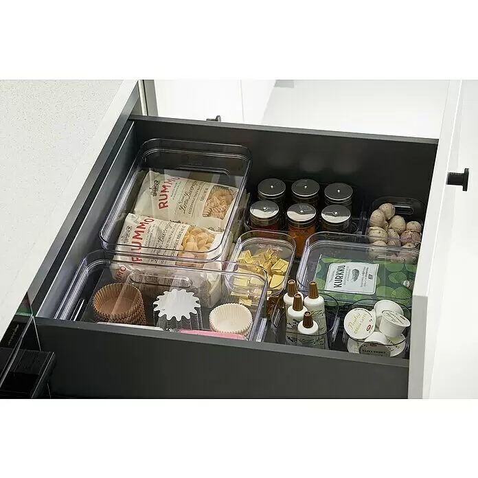 SmartStore Aufbewahrungsbox Compact - L x B x H: 9,8 x 9,4 x 10,2 cm, Kunststoff, Transparent - Ein offenes Küchenschubfach nutzt klare Plastik-Organizer zur ordentlichen Aufbewahrung von Pasta, Gewürzen, Knoblauch, Brühwürfeln, Backförmchen und Kaffeekapseln.