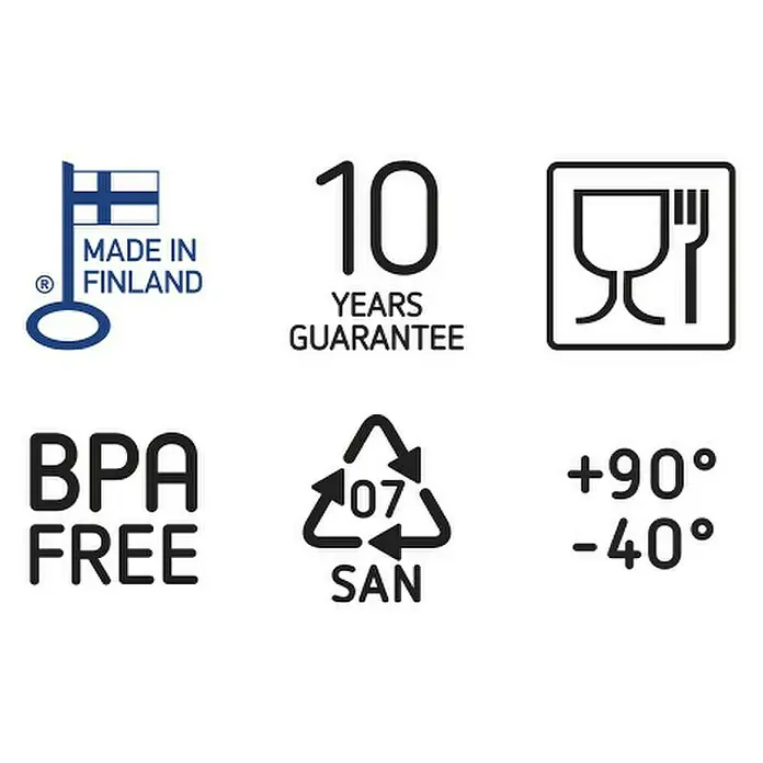 SmartStore Aufbewahrungsbox Compact - L x B x H: 29,1 x 9,4 x 6,1 cm, Kunststoff, Transparent - Das Bild zeigt Symbole für "Made in Finland", 10 Jahre Garantie, Lebensmittelechtheit, BPA-frei, SAN-Recycling und Temperaturbeständigkeit.