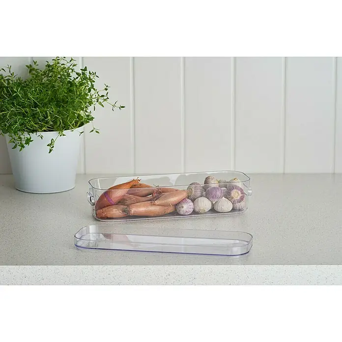 SmartStore Deckel Compact - L x B x H: 28,9 x 9,8 x 1,9 cm, Kunststoff, Transparent - Durchsichtiger Vorratsbehälter mit Schalotten und Knoblauch, ideal zur Organisation von Küchenzutaten und zur Aufbewahrung auf der Arbeitsfläche.