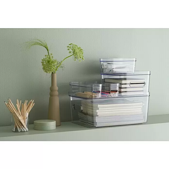 SmartStore Aufbewahrungsbox Compact - L x B x H: 9,8 x 9,4 x 10,2 cm, Kunststoff, Transparent - Klare Kunststoff-Aufbewahrungsboxen, gestapelt und gefüllt mit Stiften, Notizbüchern und Tuben, für organisierte Ablage.