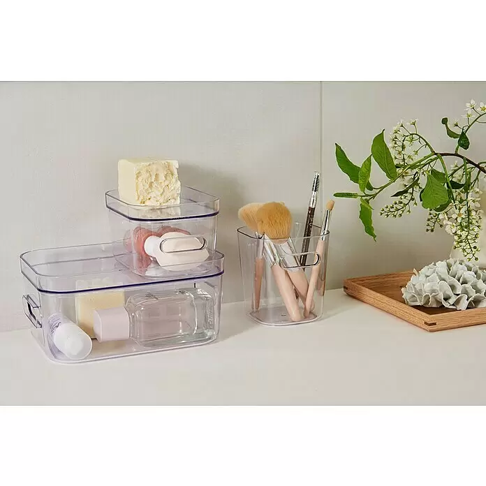 SmartStore Aufbewahrungsbox Compact - L x B x H: 9,8 x 9,4 x 10,2 cm, Kunststoff, Transparent - Transparente Acryl-Organizer mit Seife, Make-up-Schwämmen, Pinseln und Flaschen für Badaufbewahrung.