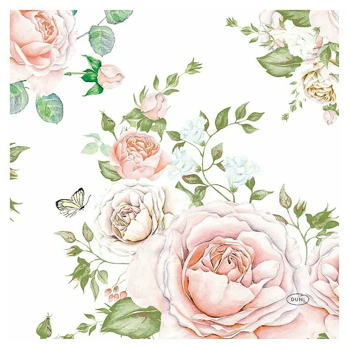 Duni Serviette - 20 Stk., 33 x 33 cm, Rose Glory - Servietten mit floralem Design. Zarte Rosen und ein flatternder Schmetterling auf einer Serviette für besondere Anlässe und stilvolle Tischdekoration.