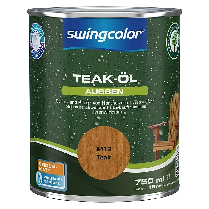 swingcolor Teak-Öl - Teak, 750 ml, Seidenmatt - Dose Swingcolor Teak-Öl für den Außenbereich, 750 ml, zur Pflege und zum Schutz von Harthölzern, wasserabweisend und farbauffrischend.