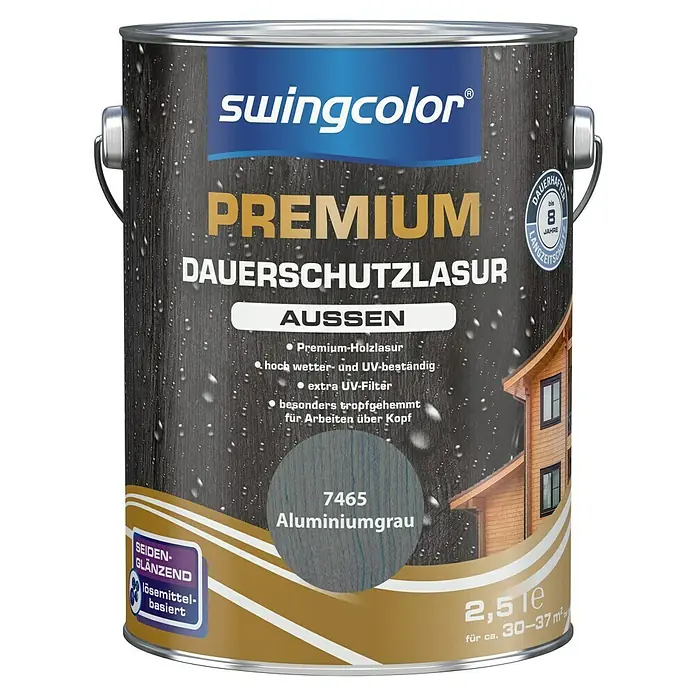 swingcolor Premium Holzlasur - Aluminiumgrau, 2,5 l, Seidenglänzend - Farbdose Swingcolor Premium Dauerschutzlasur Aussen, Farbton Aluminiumgrau. Für dauerhaften Schutz und schöne Oberflächen im Aussenbereich.