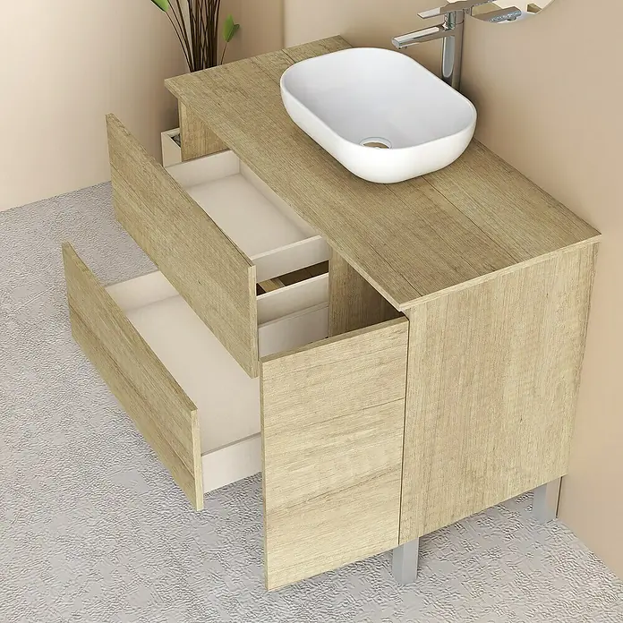 Artysan Conjunto de mueble de baño Oval - Ancho: 100 cm, Nature, 4 pzs. - Un moderno mueble de baño con sistema de cajones abiertos y lavabo sobre encimera para un diseño elegante.