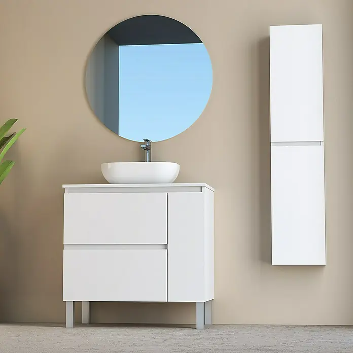 Artysan Conjunto de mueble de baño Oval - Ancho: 80 cm, Blanco, 4 pzs. - Moderno conjunto de baño con mueble de lavabo, lavabo sobre encimera, espejo y armario alto en blanco.