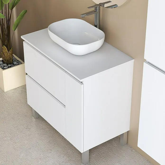 Artysan Conjunto de mueble de baño Oval - Ancho: 80 cm, Blanco, 4 pzs. - Mueble de lavabo moderno con lavabo sobre encimera blanco y elegante grifo cromado, la combinación perfecta para baños elegantes.