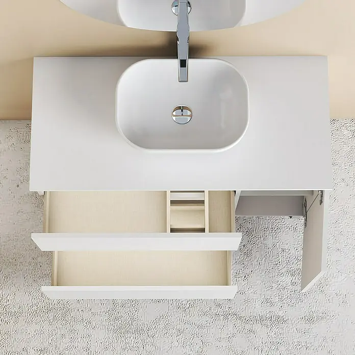 Artysan Conjunto de mueble de baño Oval - Ancho: 80 cm, Blanco, 4 pzs. - Tocador blanco con lavabo y cajones abiertos para almacenamiento en el baño. Práctico y elegante para cualquier decoración.