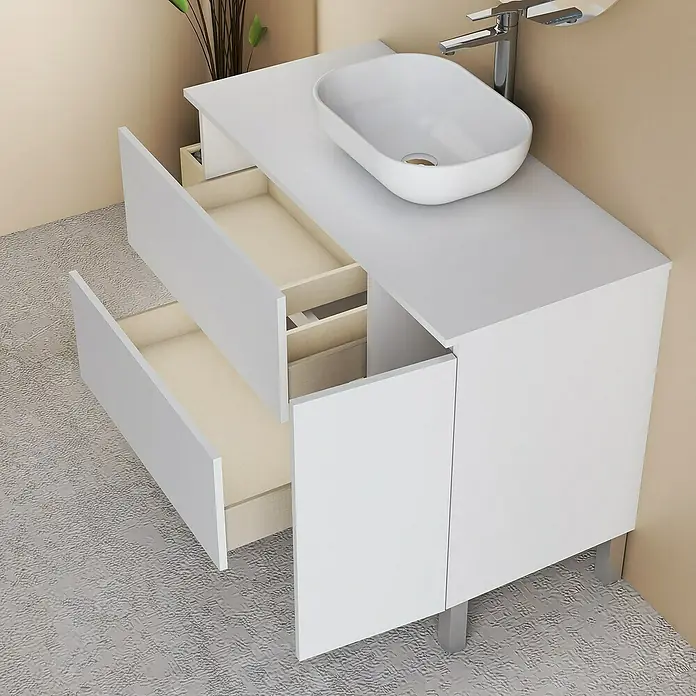 Artysan Conjunto de mueble de baño Oval - Ancho: 80 cm, Blanco, 4 pzs. - Mueble de baño blanco con dos cajones y lavabo sobre encimera, ideal para baños modernos. Solución de almacenamiento práctica.