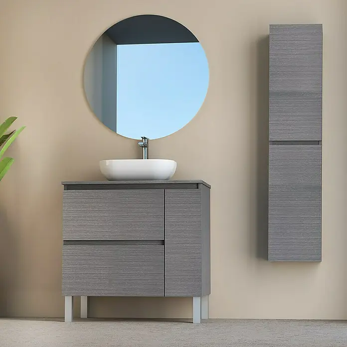 Artysan Conjunto de mueble de baño Oval - Ancho: 80 cm, Ceniza, 4 pzs. - Mueble de lavabo gris con espejo redondo y armario alto. Este moderno conjunto de baño destaca por su sencilla elegancia y funcionalidad.