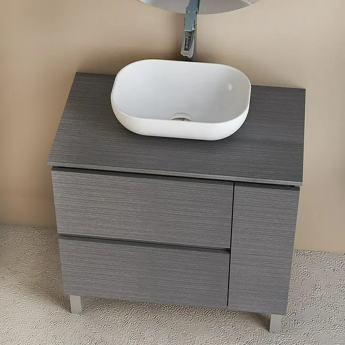Artysan Conjunto de mueble de baño Oval - Ancho: 80 cm, Ceniza, 4 pzs. - Un bonito lavabo con mueble de tocador en gris. El tocador tiene dos cajones y una puerta y está equipado con un grifo moderno.