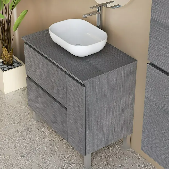 Artysan Conjunto de mueble de baño Oval - Ancho: 80 cm, Ceniza, 4 pzs. - Mueble de baño gris con lavabo sobre encimera y grifo para un diseño de baño elegante.
