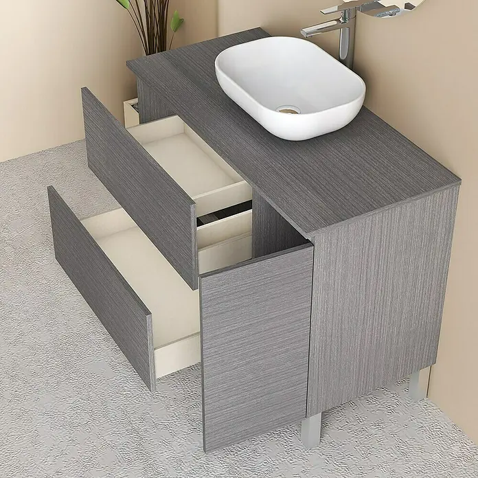 Artysan Conjunto de mueble de baño Oval - Ancho: 80 cm, Ceniza, 4 pzs. - Elegante mueble de baño gris con dos cajones abiertos y un moderno lavabo sobre encimera, ideal para añadir estilo y funcionalidad a cualquier baño.
