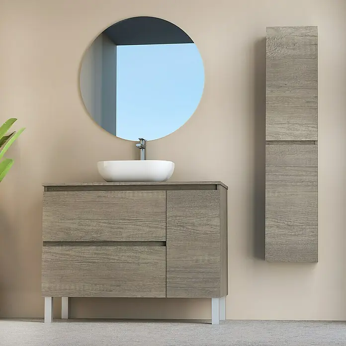 Artysan Conjunto de mueble de baño Oval - Ancho: 100 cm, Nebraska, 4 pzs. - Conjunto de baño con mueble de lavabo con aspecto de madera, espejo redondo y armario alto de almacenamiento.