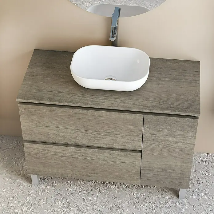 Artysan Conjunto de mueble de baño Oval - Ancho: 100 cm, Nebraska, 4 pzs. - Primer plano de un moderno mueble de baño con lavabo de diseño minimalista, perfecto para baños elegantes.