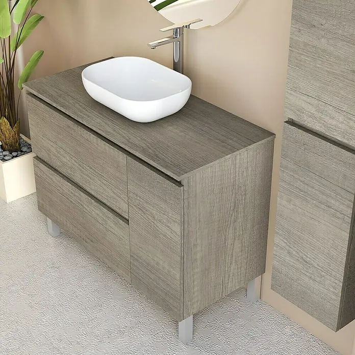 Artysan Conjunto de mueble de baño Oval - Ancho: 100 cm, Nebraska, 4 pzs. - Lavabo de baño moderno con mueble de madera gris, lavabo blanco redondeado y grifo, junto a un armario de pared a juego.