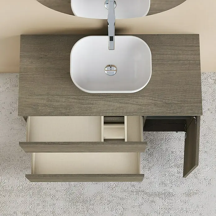 Artysan Conjunto de mueble de baño Oval - Ancho: 100 cm, Nebraska, 4 pzs. - Mueble de baño de madera con lavabo, cajón abierto y armario para un diseño de baño moderno.