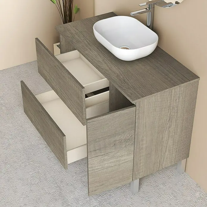 Artysan Conjunto de mueble de baño Oval - Ancho: 100 cm, Nebraska, 4 pzs. - Moderno mueble de lavabo con dos cajones y un estante, diseño elegante para el baño.