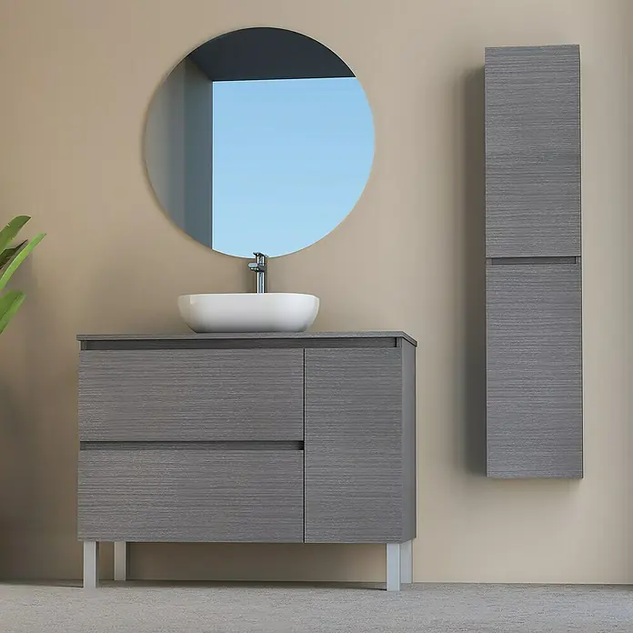Artysan Conjunto de mueble de baño Oval - Ancho: 100 cm, Ceniza, 4 pzs. - Juego de baño moderno con tocador de madera gris, lavabo sobre encimera, espejo y armario alto para un ambiente elegante.