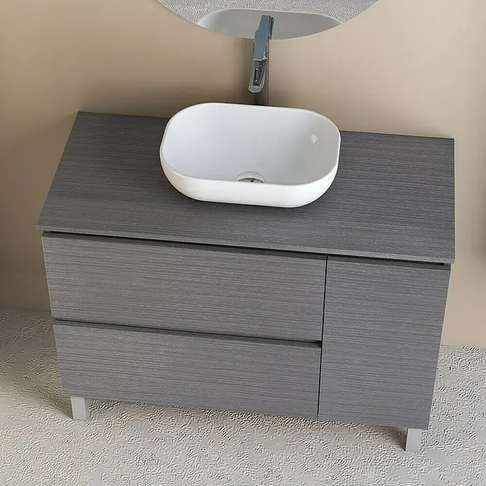 Artysan Conjunto de mueble de baño Oval - Ancho: 100 cm, Ceniza, 4 pzs. - Baño moderno con mueble de lavabo gris y lavabo de cerámica blanca. Diseño elegante con espacio de almacenamiento integrado.
