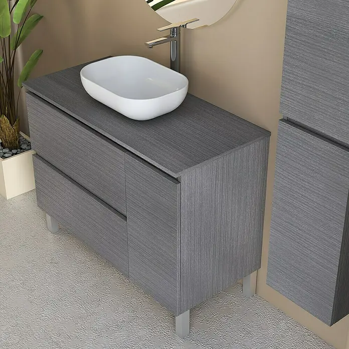 Artysan Conjunto de mueble de baño Oval - Ancho: 100 cm, Ceniza, 4 pzs. - Lavabo de baño moderno con armarios de madera gris y diseño minimalista para baños elegantes.