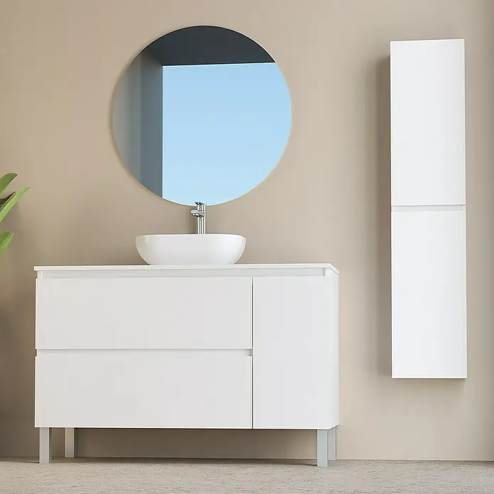 Artysan Conjunto de mueble de baño Oval - Ancho: 120 cm, Blanco, 4 pzs. - Conjunto de tocador de baño con espejo redondo, mueble de tocador blanco y armario de pared a juego para una estética moderna.