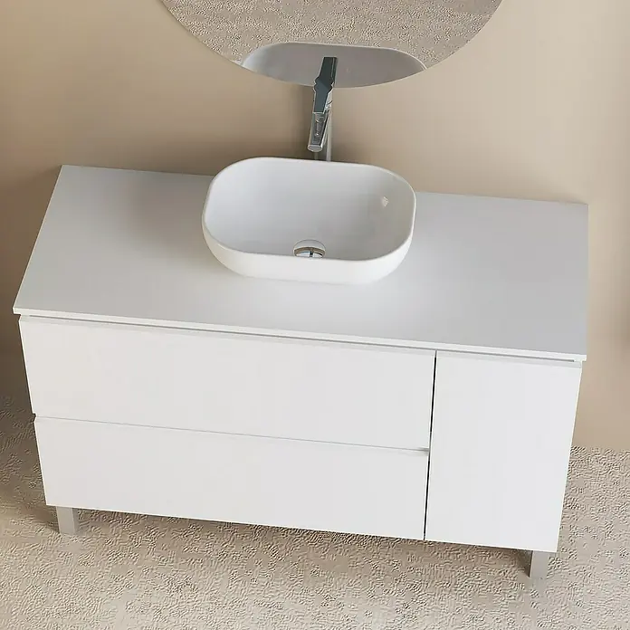 Artysan Conjunto de mueble de baño Oval - Ancho: 120 cm, Blanco, 4 pzs. - Mueble de baño moderno con mueble blanco y lavabo sobre encimera. Diseño elegante para un baño con estilo.