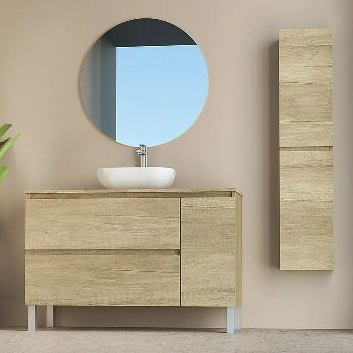 Artysan Conjunto de mueble de baño Oval - Ancho: 120 cm, Nature, 4 pzs. - Juego de muebles de baño con un mueble de lavabo de imitación madera, espejo redondo y armario alto a juego.