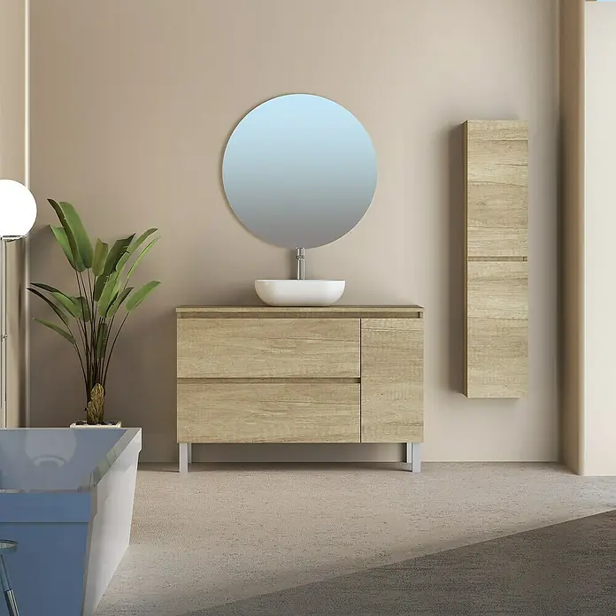Artysan Conjunto de mueble de baño Oval - Ancho: 120 cm, Nature, 4 pzs. - Un baño con un mueble de lavabo de madera, un espejo redondo y un armario alto a juego para mayor almacenamiento.