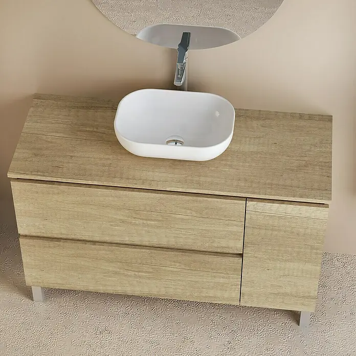 Artysan Conjunto de mueble de baño Oval - Ancho: 120 cm, Nature, 4 pzs. - Moderno conjunto de lavabo con un lavabo sobre encimera blanco y un gabinete efecto madera con cajones para un baño elegante.