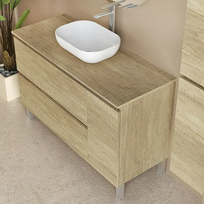 Artysan Conjunto de mueble de baño Oval - Ancho: 120 cm, Nature, 4 pzs. - Baño moderno con mueble de madera y lavabo sobre encimera blanco para un diseño elegante y funcional.