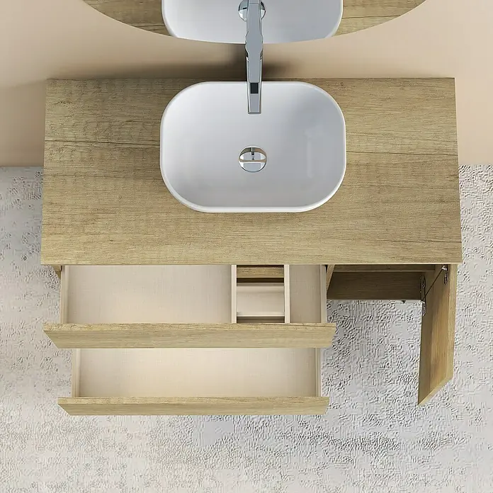 Artysan Conjunto de mueble de baño Oval - Ancho: 100 cm, Nature, 4 pzs. - Conjunto de muebles de baño con mueble de lavabo con dos cajones y un moderno lavabo sobre encimera con grifo.