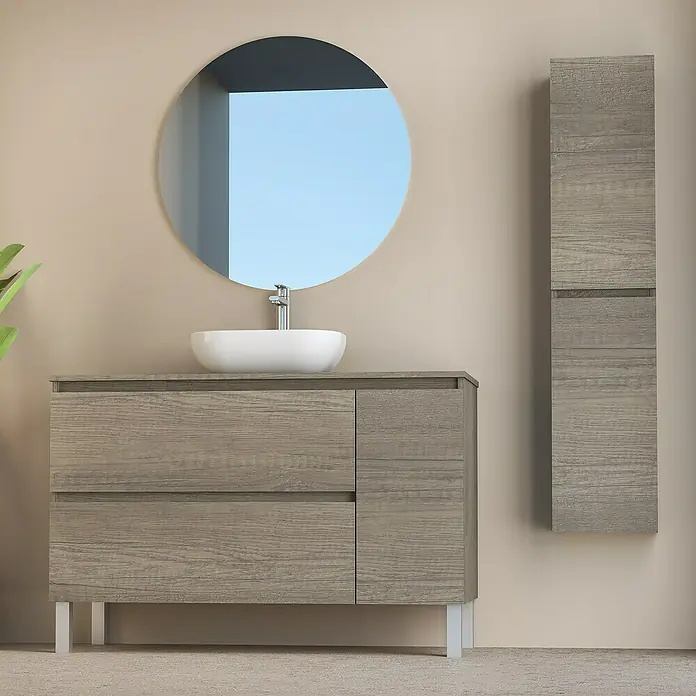 Artysan Conjunto de mueble de baño Oval - Ancho: 120 cm, Nebraska, 4 pzs. - Moderno conjunto de baño con mueble de lavabo gris, lavabo sobre encimera, espejo redondo y armario alto. Diseño elegante para tu baño.