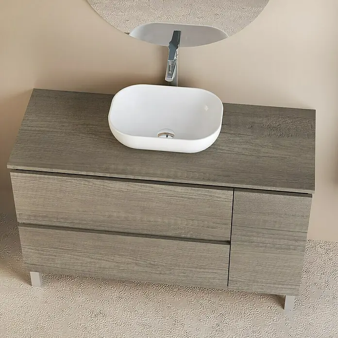 Artysan Conjunto de mueble de baño Oval - Ancho: 120 cm, Nebraska, 4 pzs. - Mueble de baño moderno con un gabinete de aspecto de madera y un lavabo ovalado sobre encimera. Un diseño contemporáneo.