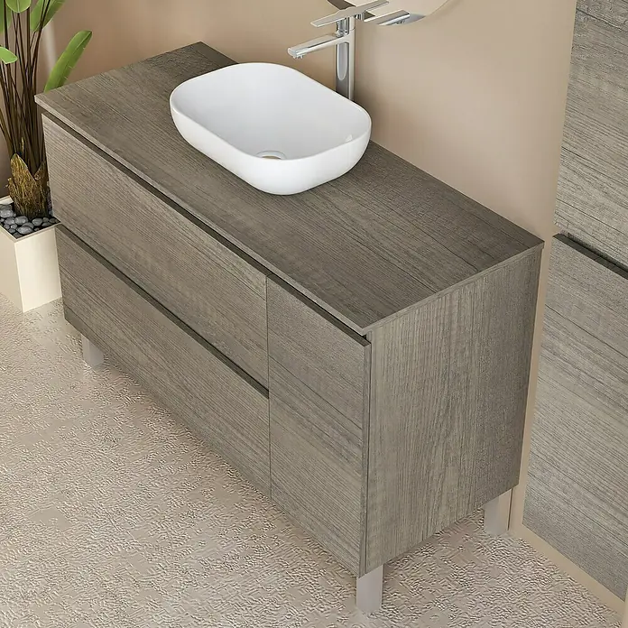 Artysan Conjunto de mueble de baño Oval - Ancho: 120 cm, Nebraska, 4 pzs. - Elegante lavabo de baño con mueble de aspecto madera y un moderno lavabo sobre encimera. Ideal para baños con estilo.