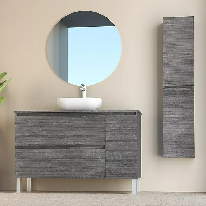 Artysan Conjunto de mueble de baño Oval - Ancho: 120 cm, Ceniza, 4 pzs. - Lavabo de baño moderno con mueble bajo y armario con espejo a juego en elegante gris. El conjunto perfecto para tu baño.