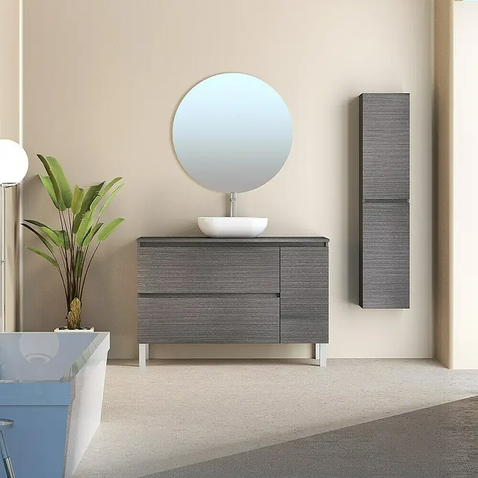 Artysan Conjunto de mueble de baño Oval - Ancho: 120 cm, Ceniza, 4 pzs. - Un interior de baño moderno con un mueble de tocador gris, un espejo redondo y una unidad de almacenamiento alta.