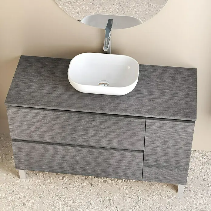 Artysan Conjunto de mueble de baño Oval - Ancho: 120 cm, Ceniza, 4 pzs. - Elegante lavabo de baño con mueble de madera gris y moderno lavabo sobre encimera, perfecto para un ambiente elegante.