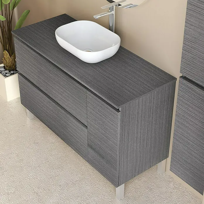 Artysan Conjunto de mueble de baño Oval - Ancho: 120 cm, Ceniza, 4 pzs. - Un moderno mueble de baño gris con un elegante lavabo sobre encimera. El mueble ofrece un espacio de almacenamiento práctico y diseño minimalista.
