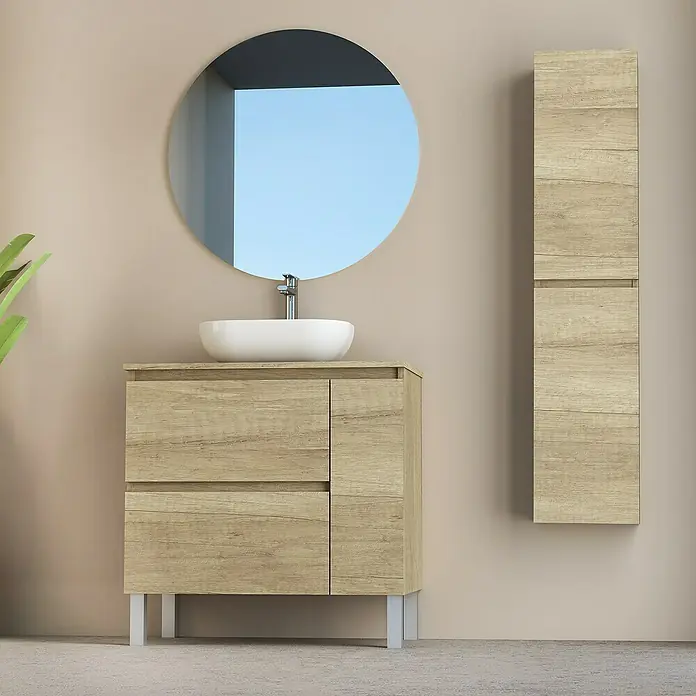 Artysan Conjunto de mueble de baño Oval - Ancho: 80 cm, Nature, 4 pzs. - Mueble de baño con espejo redondo y armario alto a juego en un diseño de madera clara.