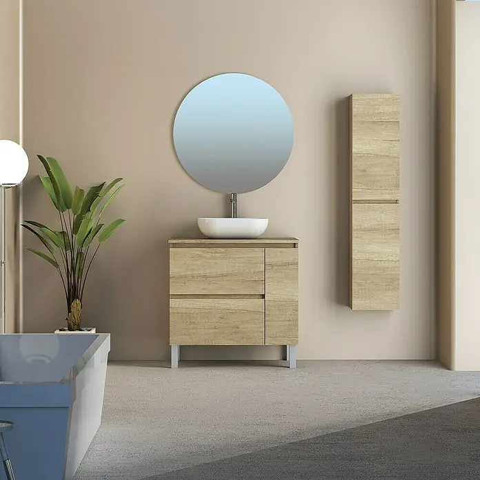 Artysan Conjunto de mueble de baño Oval - Ancho: 80 cm, Nature, 4 pzs. - Tocador de baño con espejo redondo, mueble bajo y armario alto a juego en decoración de madera clara para un ambiente moderno.