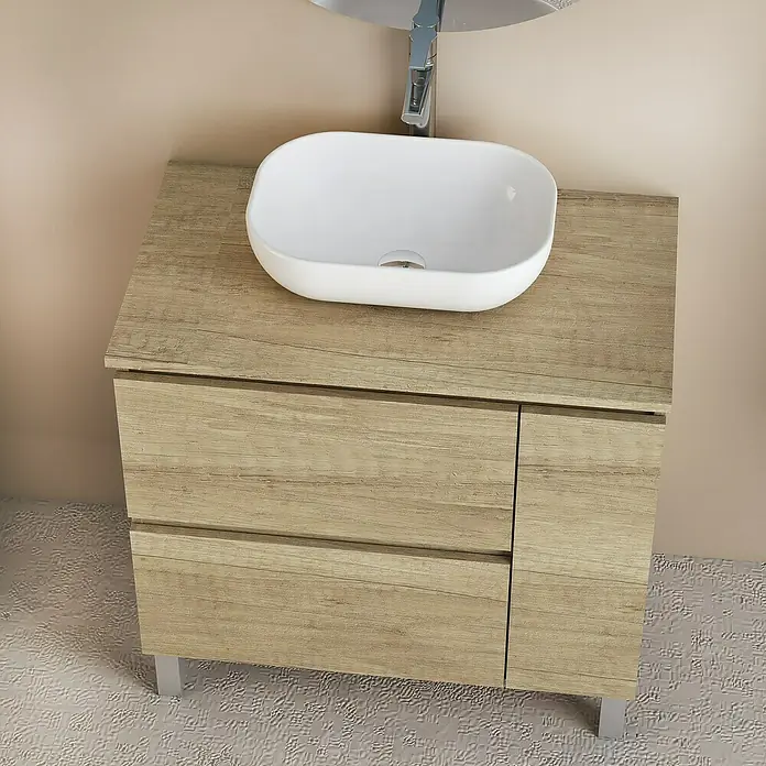 Artysan Conjunto de mueble de baño Oval - Ancho: 80 cm, Nature, 4 pzs. - Elegante lavabo de baño con mueble efecto madera y lavabo de cerámica para baños modernos y reformas fáciles.