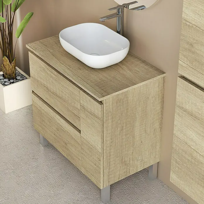 Artysan Conjunto de mueble de baño Oval - Ancho: 80 cm, Nature, 4 pzs. - Un moderno mueble de baño de aspecto madera con un lavabo de cerámica para un diseño elegante.
