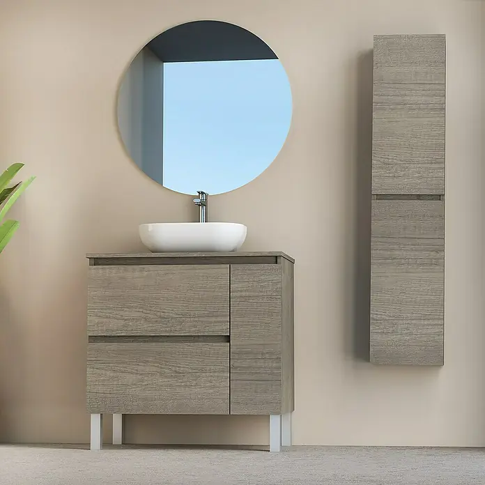 Artysan Conjunto de mueble de baño Oval - Ancho: 80 cm, Nebraska, 4 pzs. - Elegante juego de baño con mueble de lavabo, lavabo sobre encimera, espejo y armario alto con aspecto de madera.