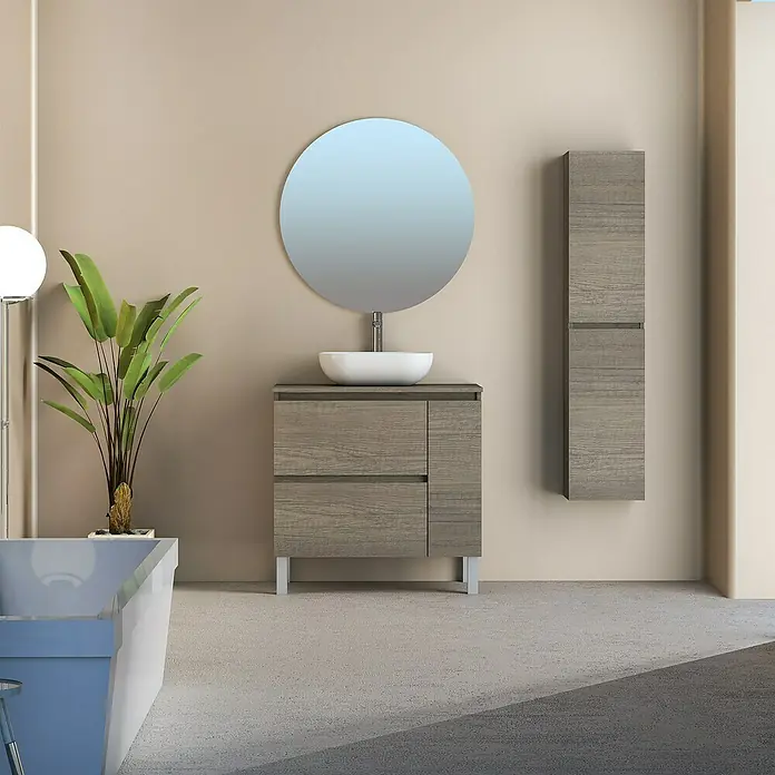 Artysan Conjunto de mueble de baño Oval - Ancho: 80 cm, Nebraska, 4 pzs. - Un moderno lavabo de baño con tocador y espejo redondo, complementado con un armario alto a juego.