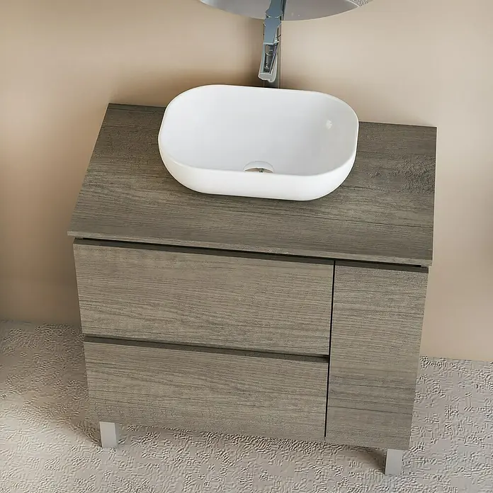Artysan Conjunto de mueble de baño Oval - Ancho: 80 cm, Nebraska, 4 pzs. - Mueble de lavabo gris con cajones y lavabo sobre encimera blanco para un diseño de baño moderno.