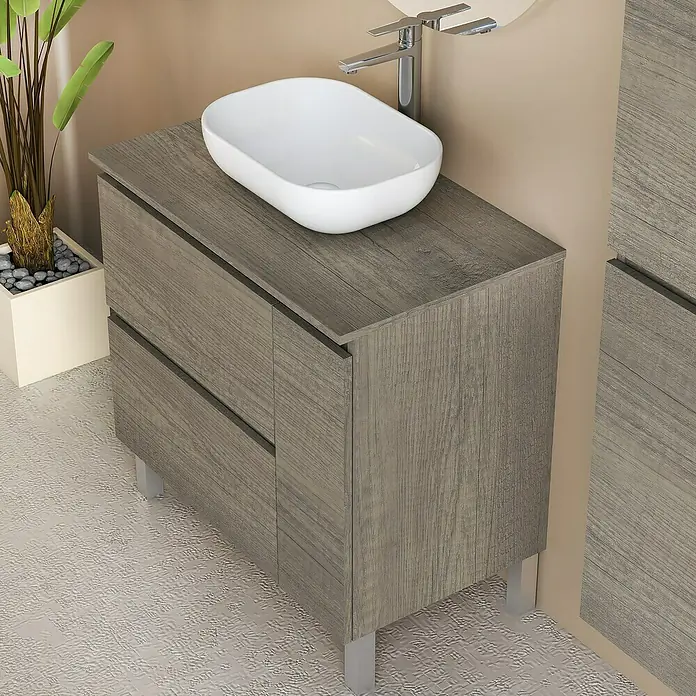 Artysan Conjunto de mueble de baño Oval - Ancho: 80 cm, Nebraska, 4 pzs. - Mueble de baño moderno con armario efecto madera y lavabo sobre encimera blanco, para un ambiente elegante.